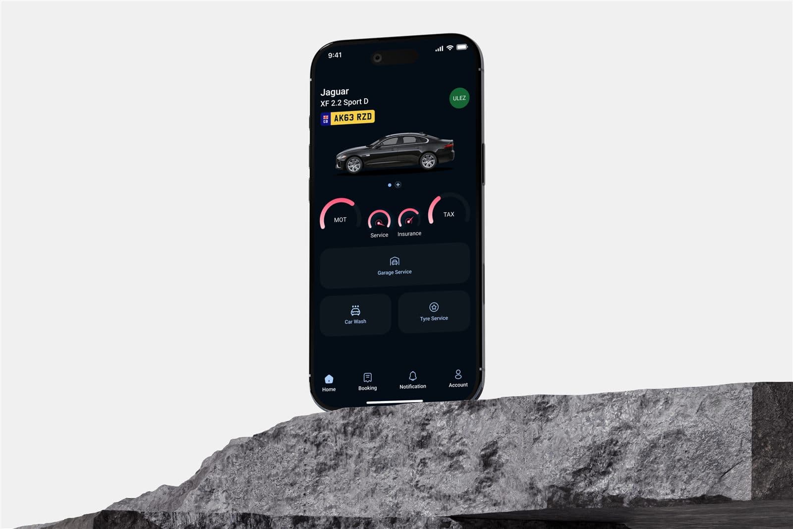 Carzei app on a phone, showing a car’s MOT, service and tax status