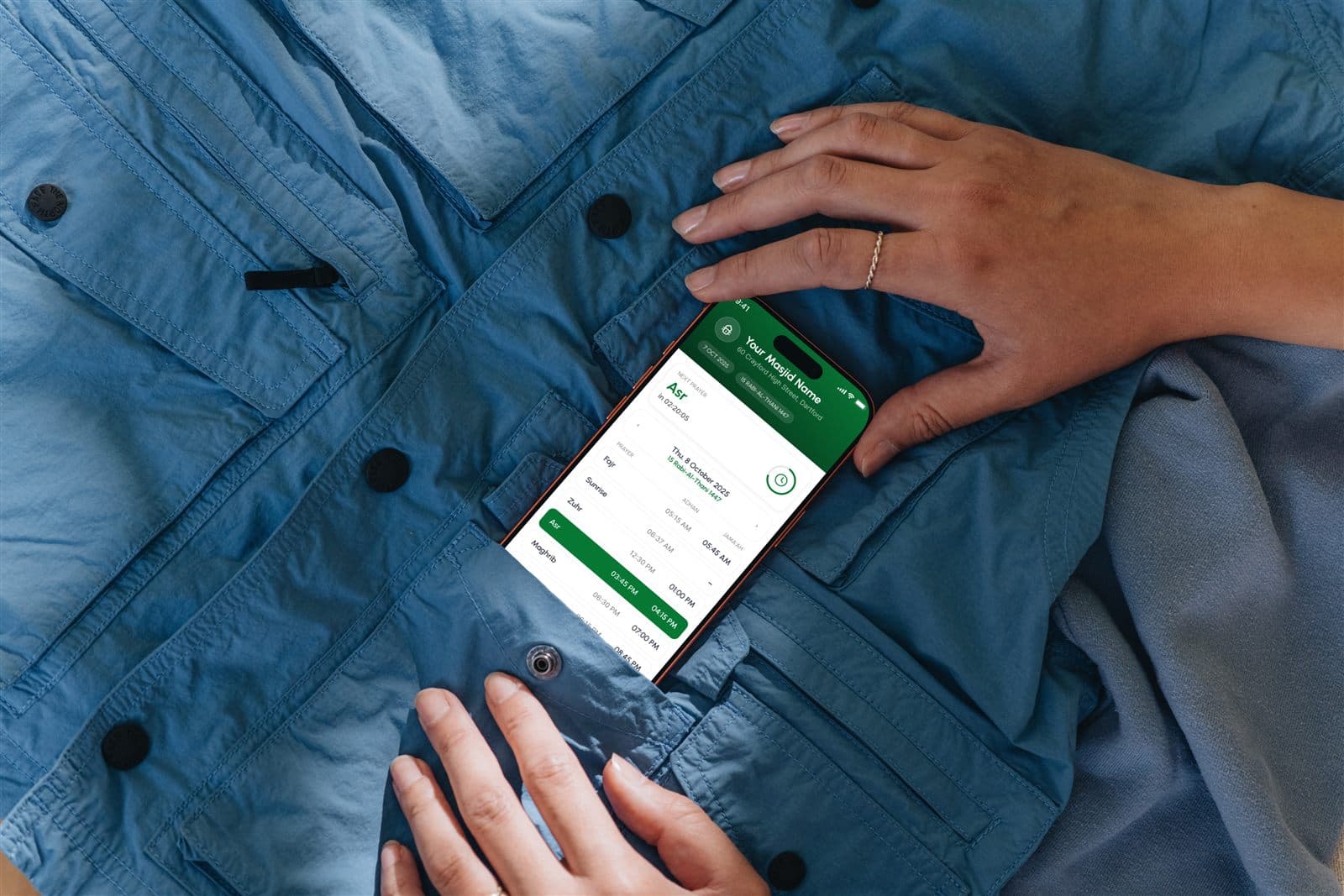 Masjid Connect app on a phone, showing prayer times